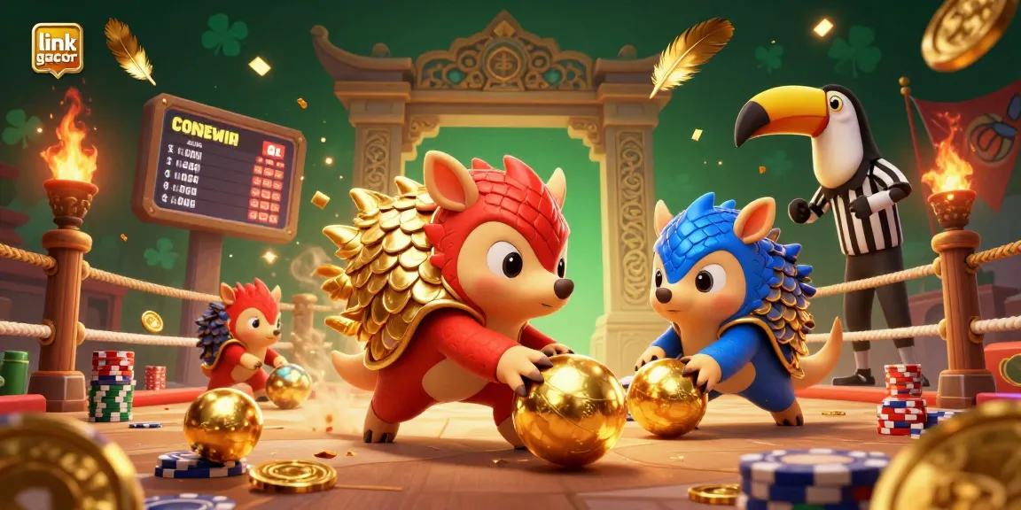 Engage with link gacor as rival pangolins roll golden balls in a vibrant casino arena.