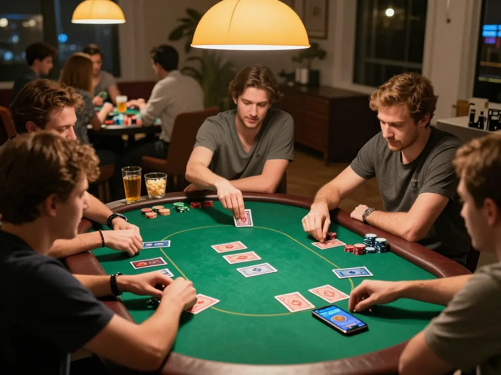 Những người bạn đang tận hưởng một đêm poker hồi hộp trong khi sử dụng ứng dụng Luckywin để chơi game chiến lược.