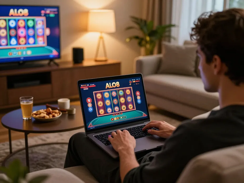 Player engaging with the ALO8 casino app on a laptop during a cozy gaming session