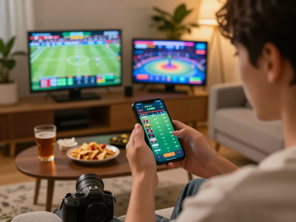 Enthusiastic bettor using mobile device for XX88 sports betting action