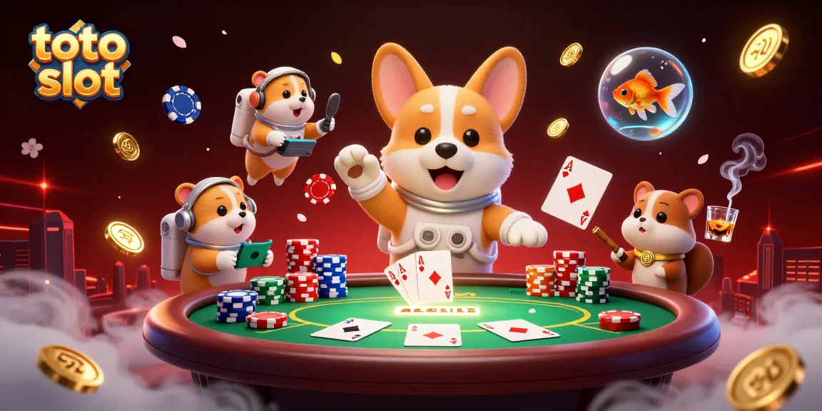 Experience thrilling gameplay with toto slot in a dynamic casino scene featuring a floating cartoon corgi.