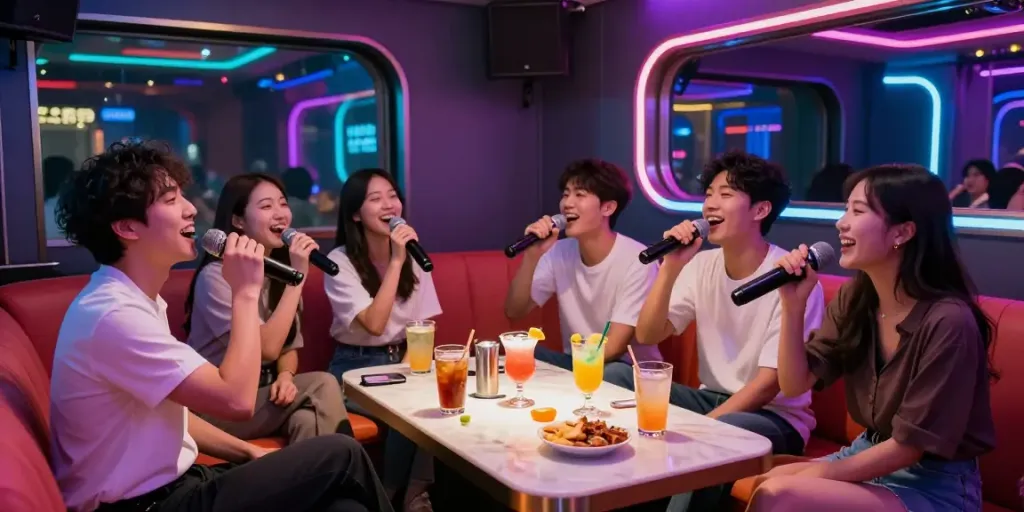 달토 가라오케에서 즐거운 시간을 보내는 친구들의 모습, 생동감 넘치는 조명과 아늑한 인테리어가 돋보인다.