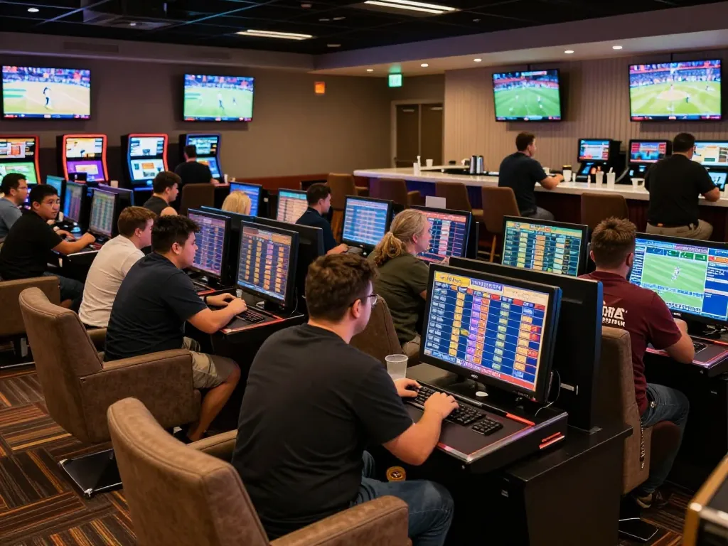 Engaged customers placing bets at bk8's lively sports betting lounge with multiple screens.