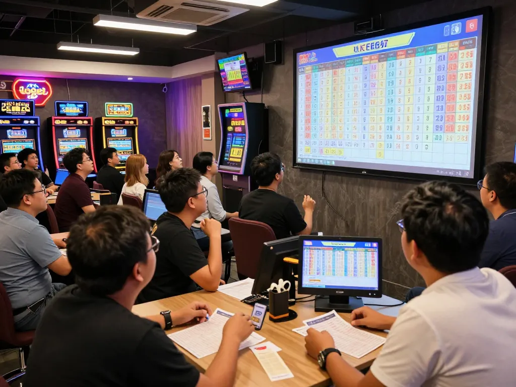 Togel Hongkong players eagerly watch live draw event in a vibrant lounge filled with excitement.