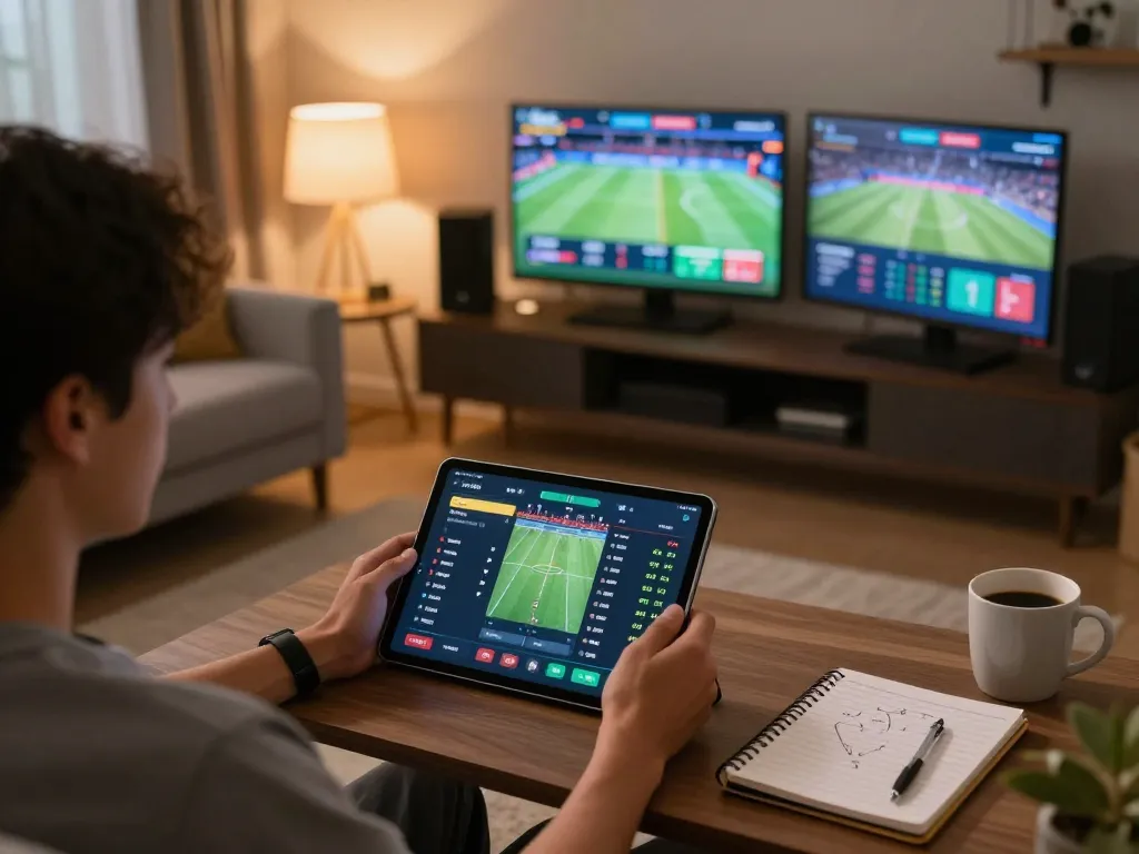 Person analyzing live sports odds on keobongda mobile app, surrounded by cozy and strategic home gaming setup.