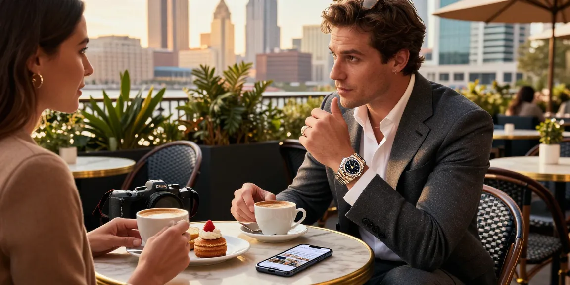 Elegant individual showcasing rolex super clone watches at a chic café, reflecting urban luxury lifestyle.