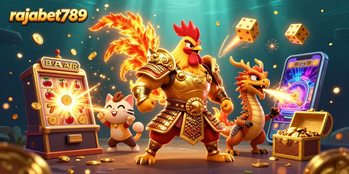 rajabet789 menyajikan ilustrasi laga ayam dan naga pertempuran, menyemarakkan mesin slot emas berkilau