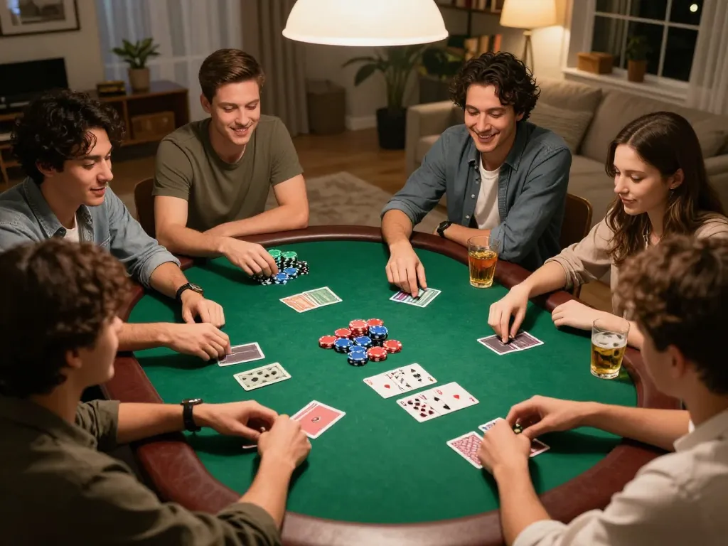 rokok88 players enjoying a lively poker game at home with chips and cards spread out.