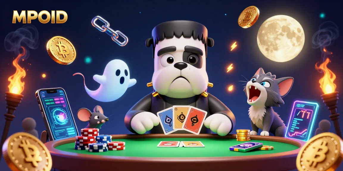MPOID unleashes thrilling gameplay with vibrant cards and animated characters at a neon-lit casino.