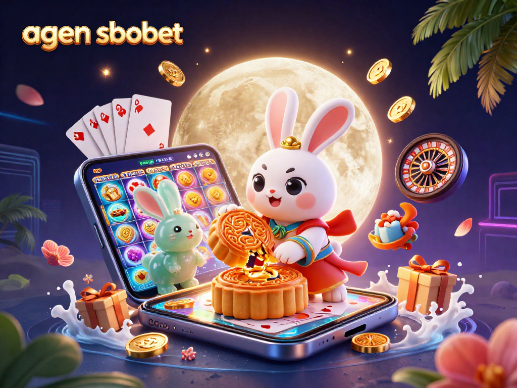 Experience agen sbobet's exciting action with a moon rabbit revealing poker chips amidst vibrant gaming elements.
