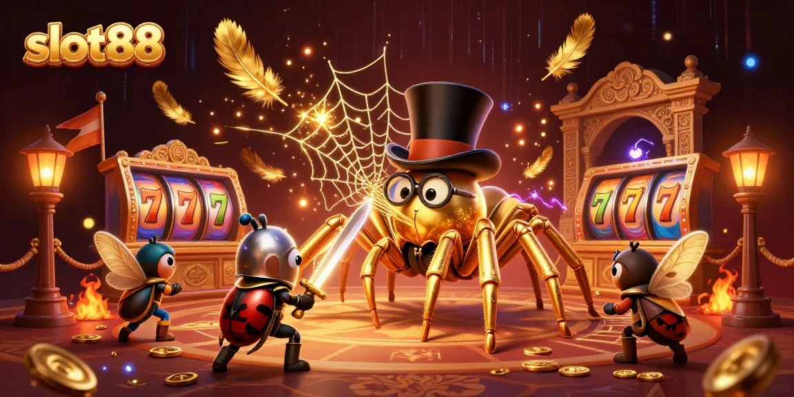Slot88 hadir dengan ilustrasi menarik tentang tarantula emas dan ksatria kecil berani malam di dunia slot yang seru.