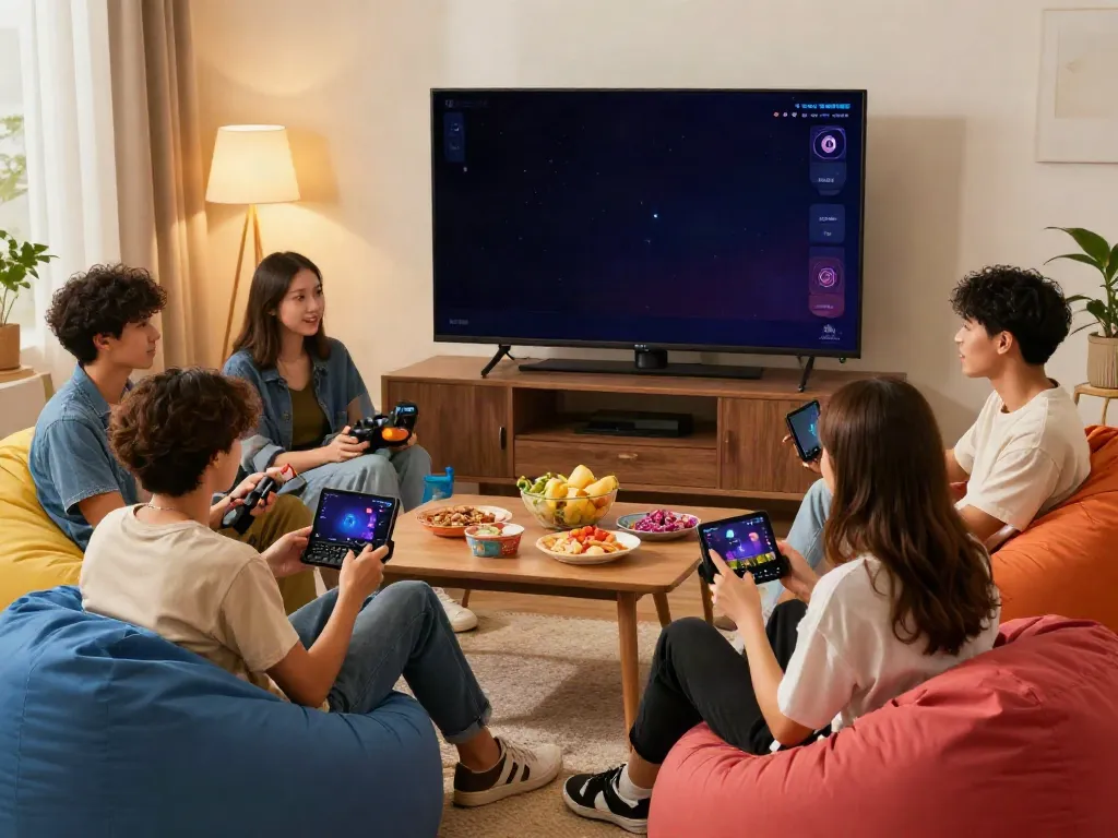 Engaged group playing rokok88 apk in a cozy living room with snacks.