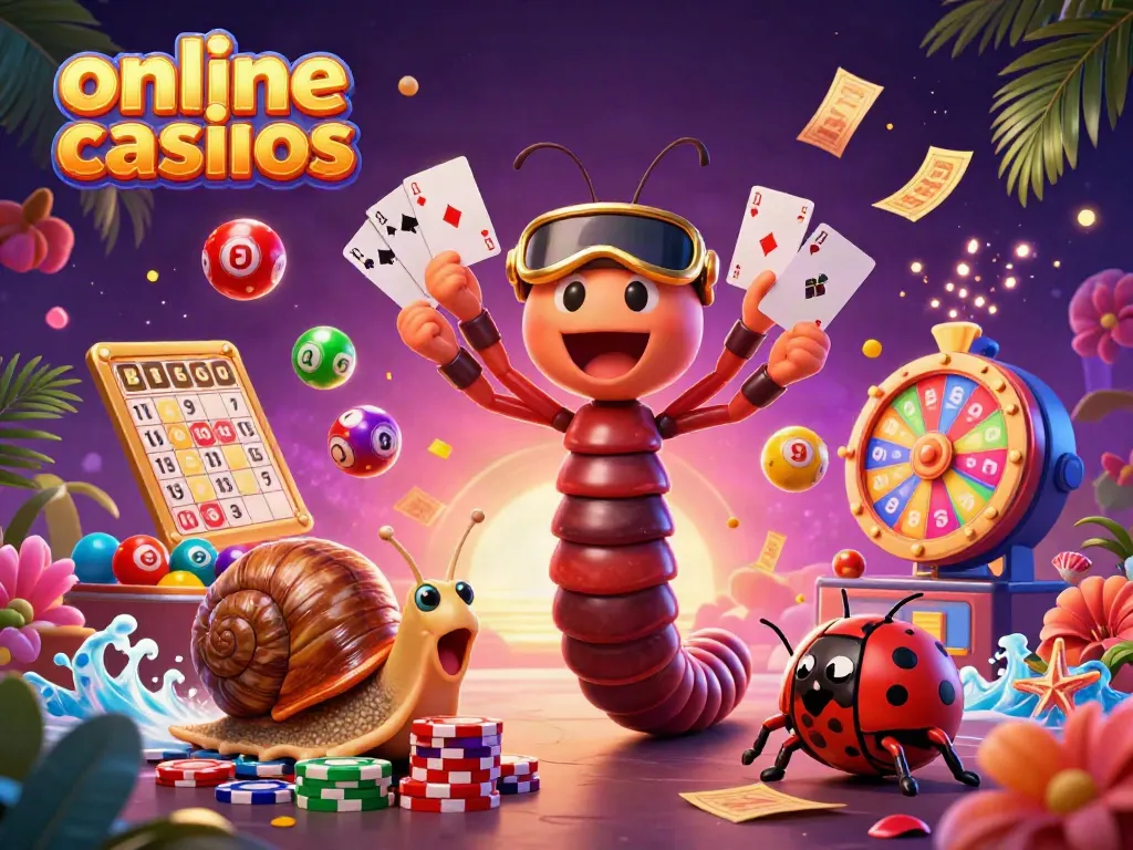 Experience vibrant online casinos with a millipede dealer managing cards, colorful lottery balls, and rich casino elements.