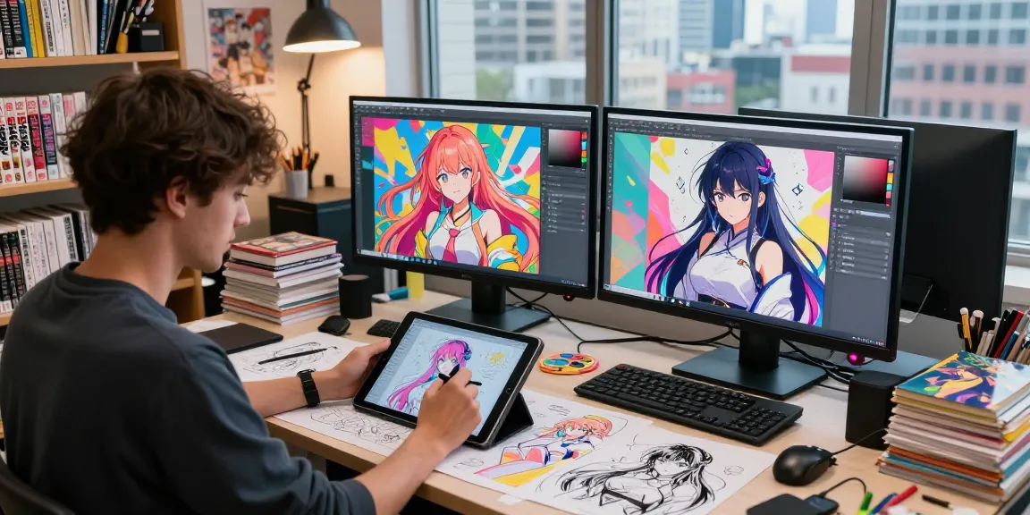 Creative artist designing AI ecchi characters in a dynamic digital art studio.