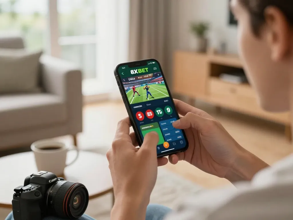 Player using the 8xbet app for sports betting in a cozy home setting, capturing excitement of online gambling.