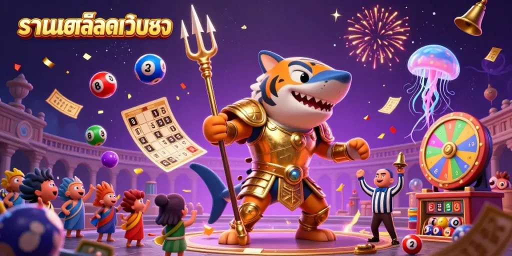 Experience thrilling รวมสล็อตเว็บตรง action with a vibrant 3D tiger shark in gladiator armor triumphing in an explosive underwater scene.
