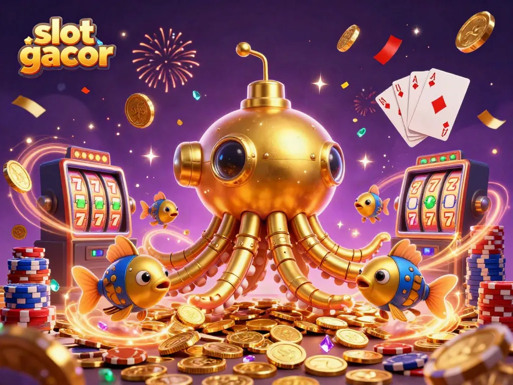 Engaging illustration of slot gacor featuring a golden kraken submarine amidst golden coins and lucky slot reels.