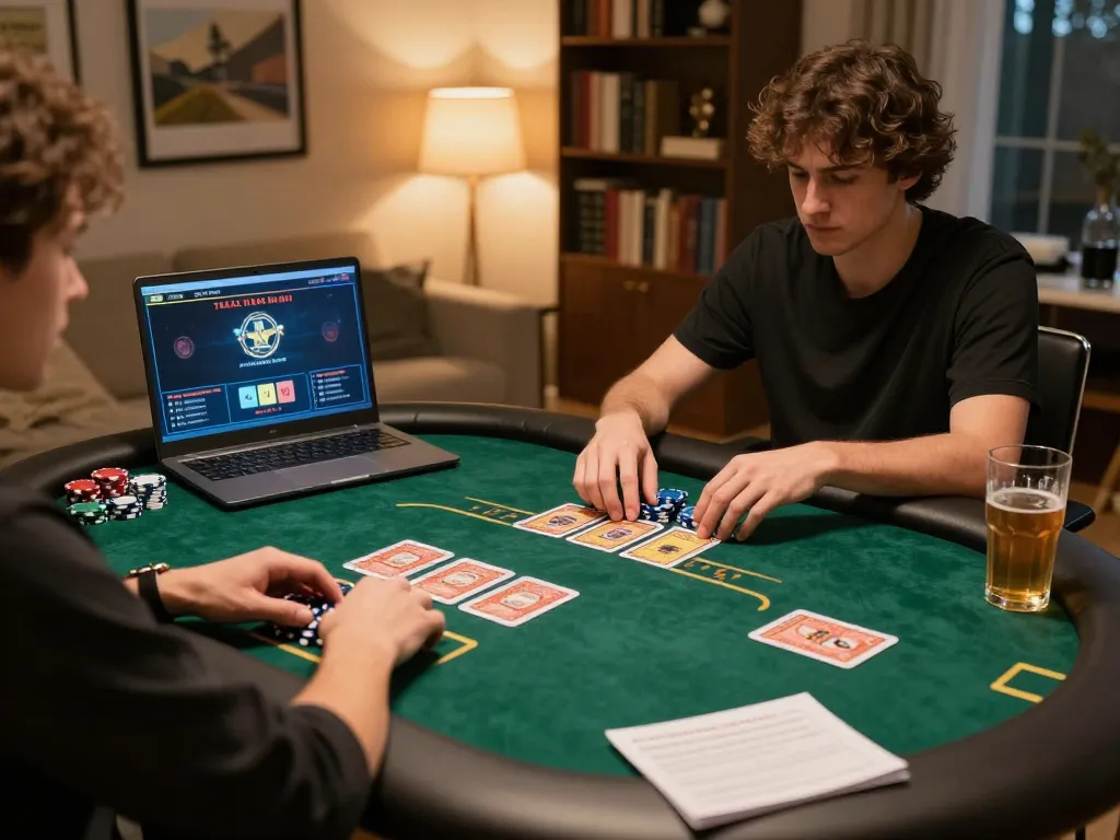 Engaging online poker gameplay on a laptop at home, featuring trang chu lc88 for thrill seekers
