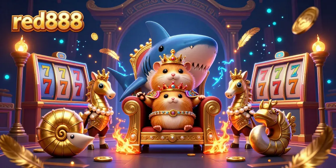 Join the thrilling world of red888, featuring an epic scene with a golden hamster king ruling a casino-themed arena.