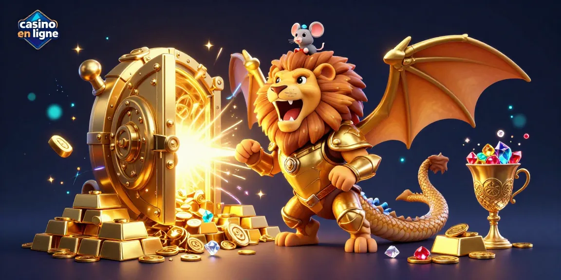 Le casino en ligne offre une scène dynamique avec un chimérique en armure dorée, des trésors scintillants et des gemmes précieuses.