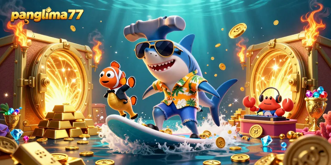 Panglima77 showcases a colorful casino scene with characters surfing gold coins and gold treasures.