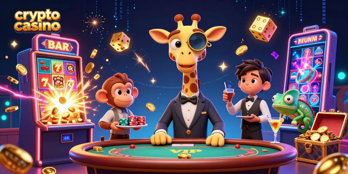 Plongée dans l'univers des crypto casinos avec une girafe high-roller, un valet et un barman coloré.