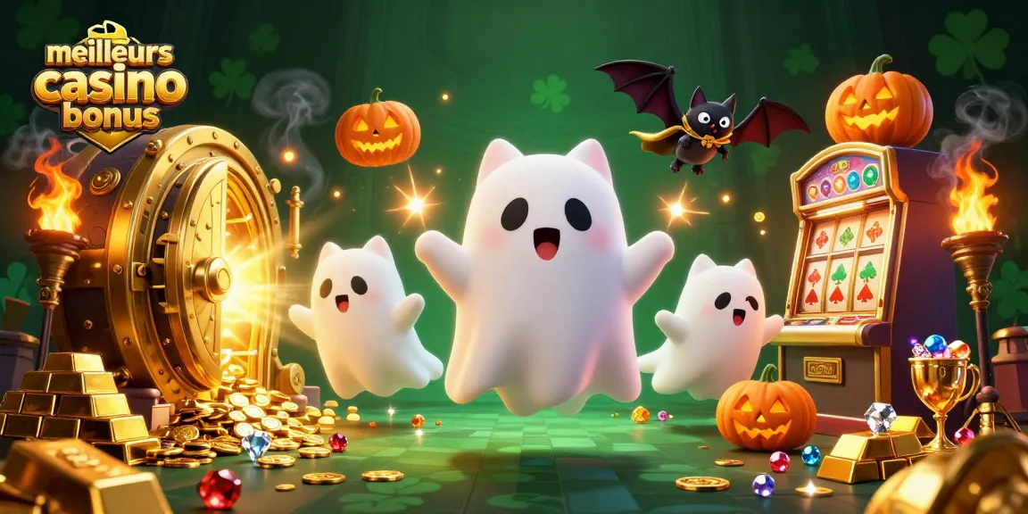 Jouez avec les meilleurs sites casino bonus dans une illustration 3D de fantômes et machines à sous.