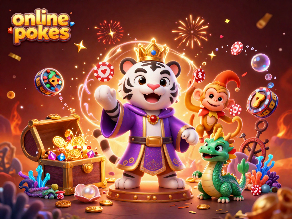 Engage with online pokies featuring vibrant scenes of a white tiger, monkey, and dragon amidst casino elements.