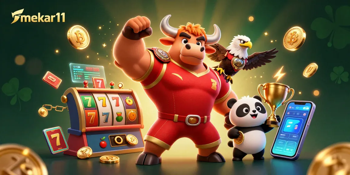 Mekar11 elevates gaming with a lively victory scene featuring a bull mascot, eagle, and panda in a vibrant casino atmosphere.