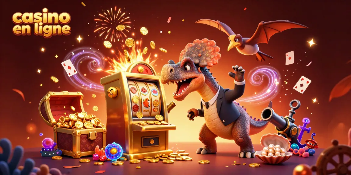 Une illustration 3D dynamique représentant un casino en ligne avec un pachycephalosaurus, un manager ankylosaure et un pteranodon attrapant des pièces d'or.
