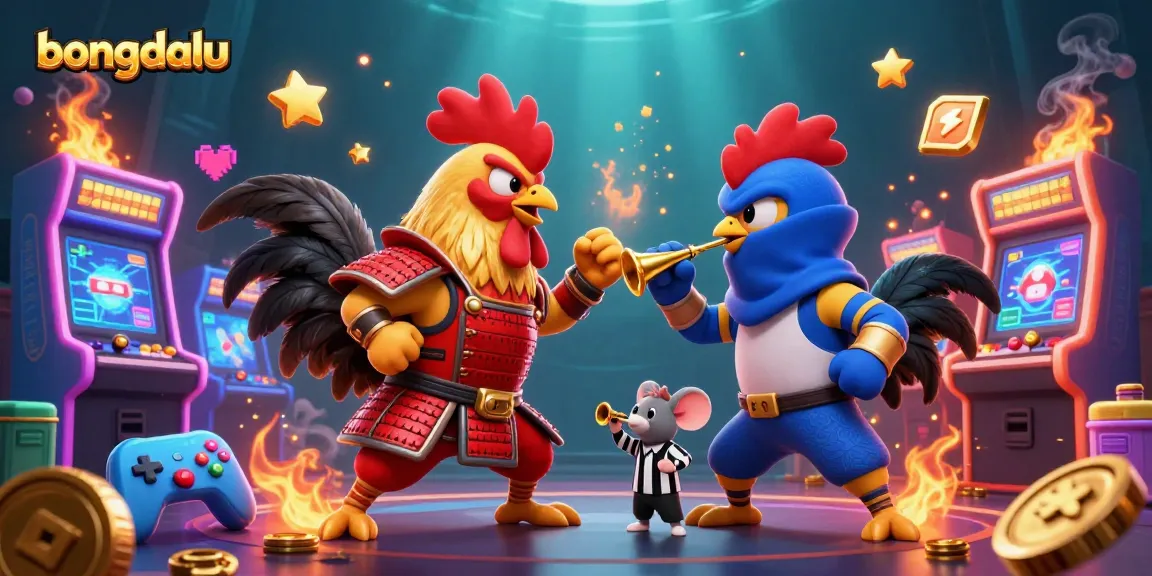 Bongdalu showcases an intense battle between cartoon roosters symbolizing competition, with vibrant casino elements surrounding them.