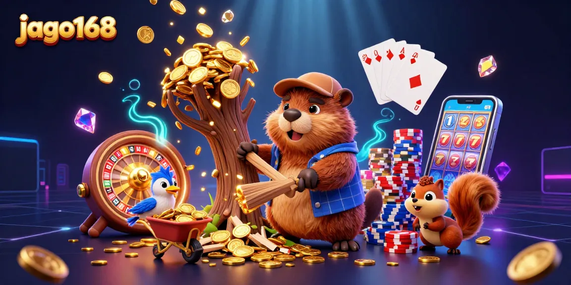 Engage in thrilling gameplay of jago168 as cartoon characters showcase golden coin adventures in a rich casino scene.