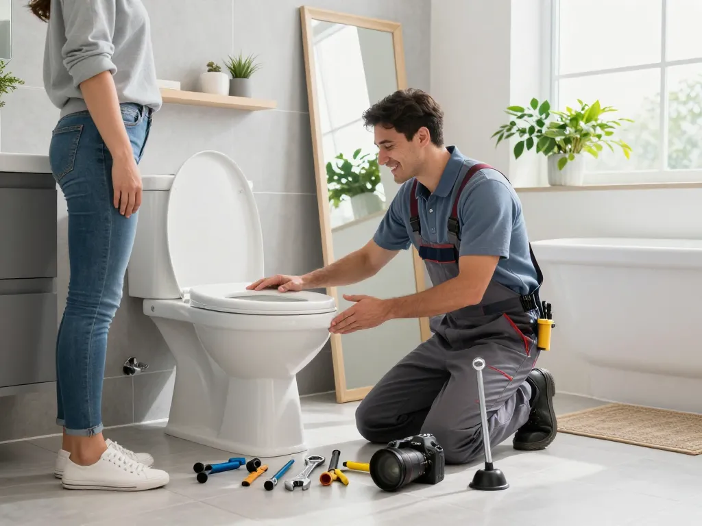 Apex Plumbing Services local plumbers fixing toilet in bright bathroom, showcasing expert repair and friendly service.