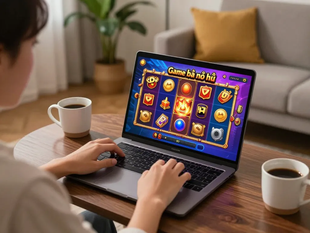 Player enjoying Game bài nổ hũ on laptop with vibrant graphics in a cozy home setting.