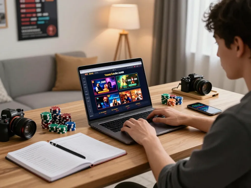 Engaging online gambling at Trang chủ Jun88, showcasing a focused player with strategic materials.