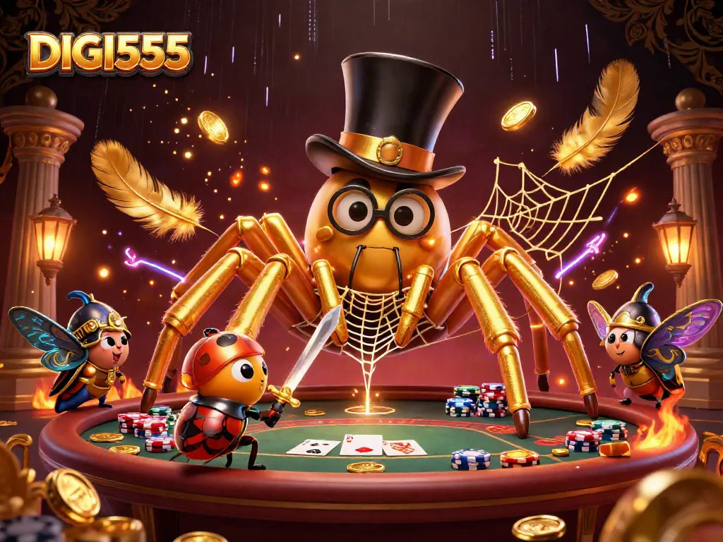 Play poker with DIGI555 featuring a golden tarantula and knight in a vibrant casino setting.
