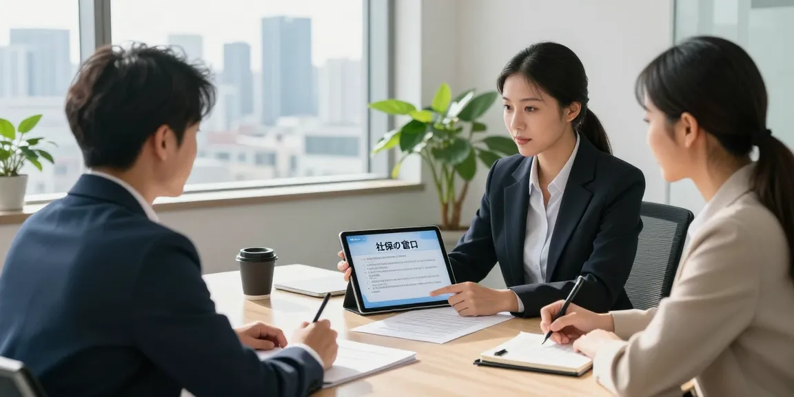 個人事業主のための社会保険オプションについて話し合う社保の窓口での相談セッション。
