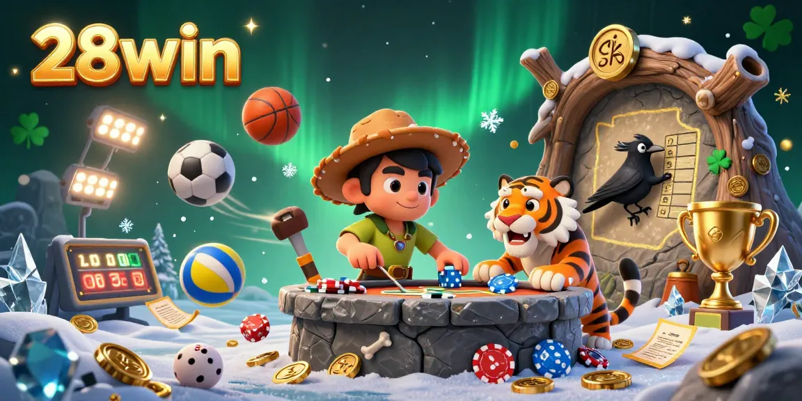 Experience the thrilling world of 28win with a vibrant prehistoric casino scene featuring dynamic action and game elements.