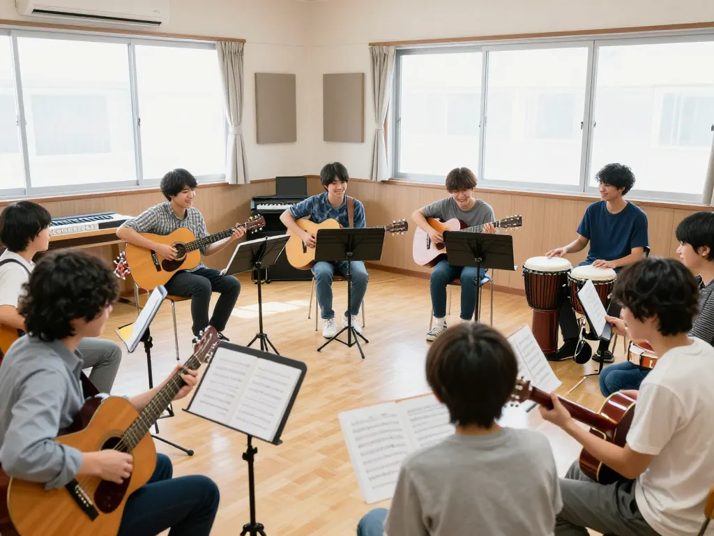 多様な学生を対象とした魅力的なグループレッスンが行われている活気あふれる音楽教室の画像、音楽教室おすすめを紹介。