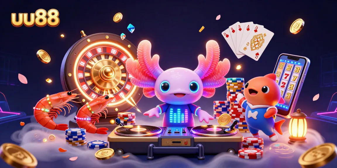 Players spin golden slot reels in exhilarating uu88 casino scene with a thrilling axolotl DJ.