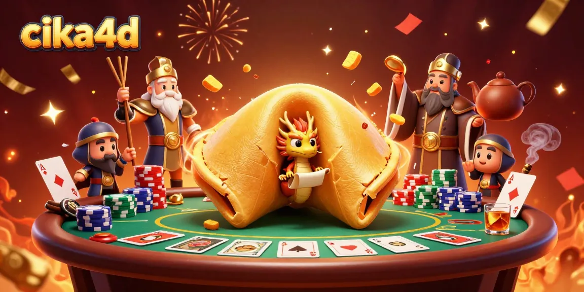 Experience the dynamic world of cika4d with a golden fortune cookie guarded by tiny warriors amidst poker elements.
