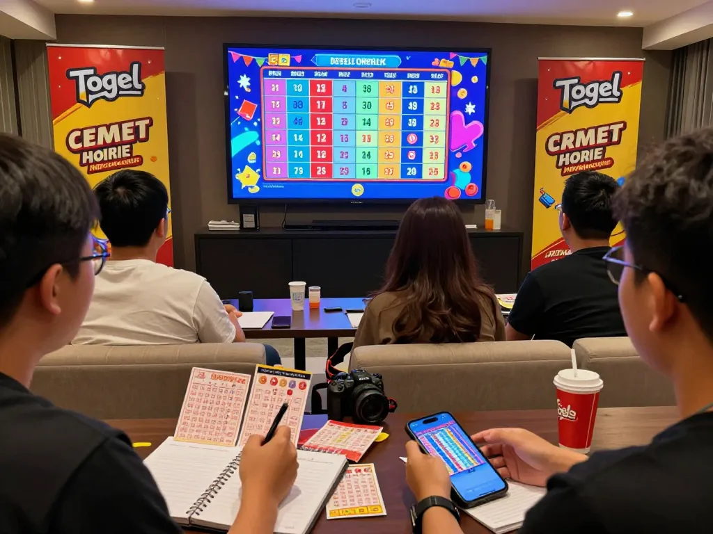 Excited players watching Togel Hongkong results live, surrounded by tickets and notes, in a vibrant gaming lounge.