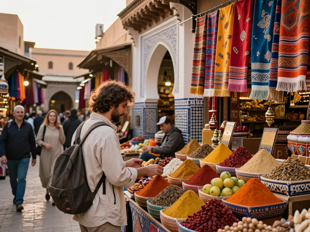 Immersive experience with a morocco travel company at a vibrant medina market in Morocco.