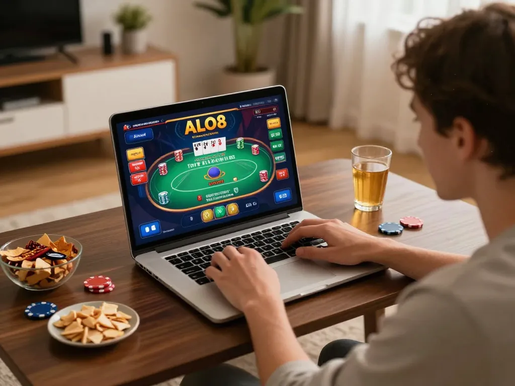Player engaging in a thrilling ALO8 online poker game at home, capturing the excitement of virtual casino entertainment.