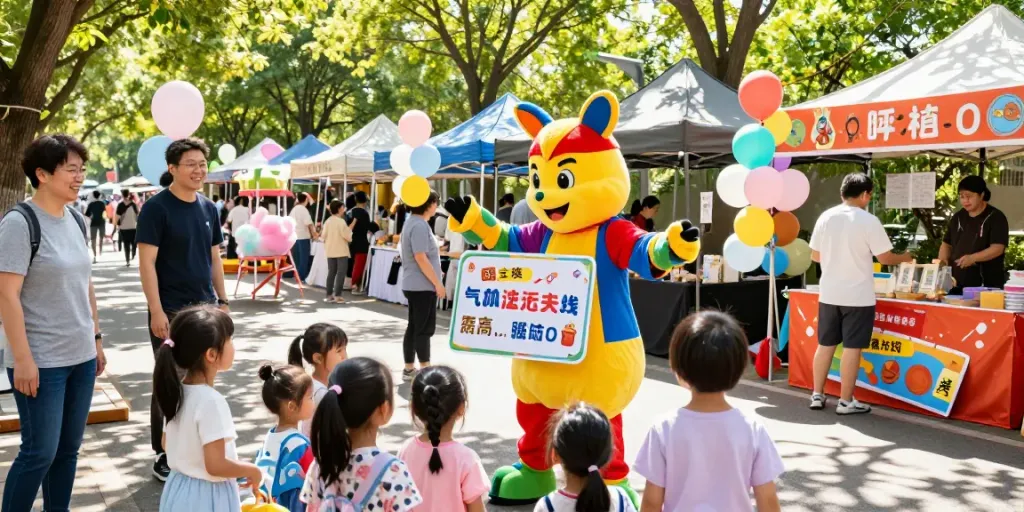 Playful mascot costumes UK performer delighting children at a lively community fair.