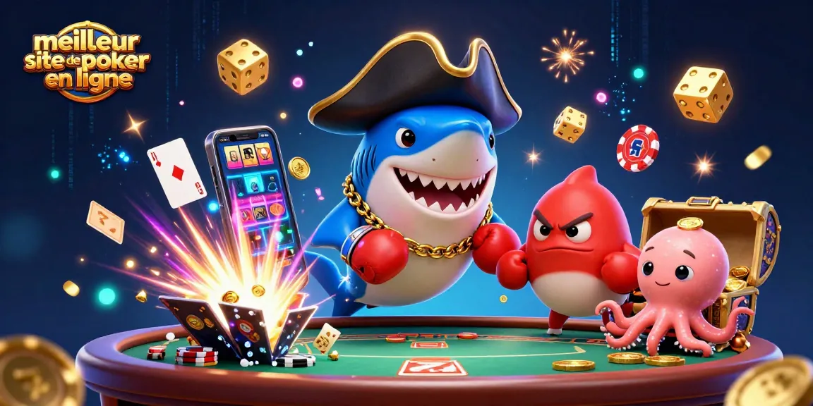 Découvrez le meilleur site de poker en ligne avec des personnages animés jouant autour d'une table de poker pleine de jetons.