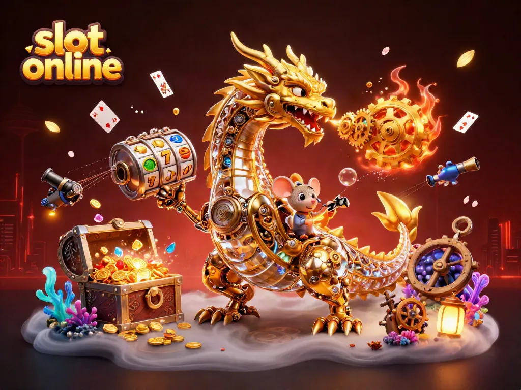 Ilustrasi slot online dengan naga emas mekanik dan berlian laut, memukau pemirsa