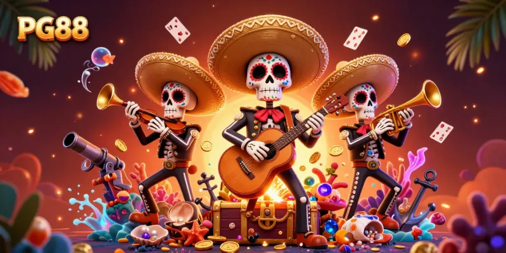 Engage with PG88's vibrant scene featuring a mariachi band amidst treasures and casino elements.
