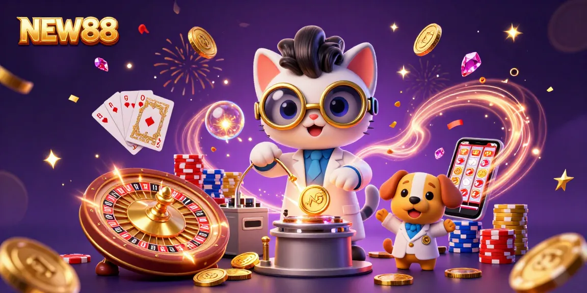 NEW88 captures the excitement of casino gaming with vibrant characters and dynamic elements in a lively illustration.