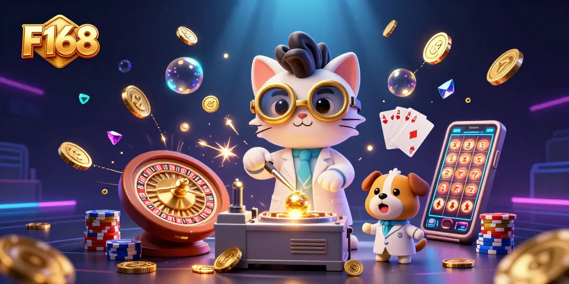 Experience the excitement of F168 with mad scientist cat and loyal dog amid a vibrant casino scene